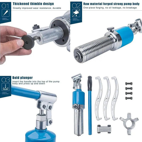 Straight Shooting Hydraulic Gear Puller With High Strength Alloy Steel Jaws, showcasing thimble design and pump body details.
