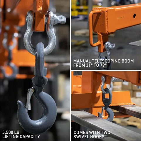 Built Tough Fork Mounted Telescoping Jib Boom Crane With 5500 LB Lifting Power And Sweet 31 To 79 Inch Reach showing hooks and boom details