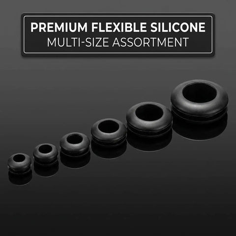 215 Piece Rubber Grommet Kit With 9 Sizes For Wiring shown in black silicone, multi-size flexible assortment.