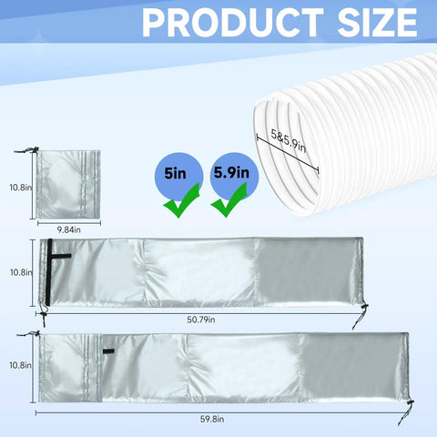 Portable AC Hose Insulation Sleeve For 5 In To 5.9 In Exhaust Hoses, displayed with dimensions and a section of white hose.