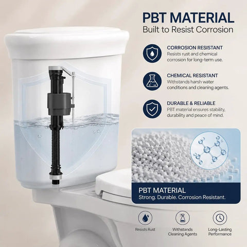 Universal Quiet Toilet Fill Valve And Comprehensive Repair Kit showcasing PBT material, corrosion-resistant tank components.