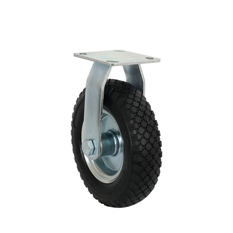 Rock Solid 8 Inch Flat Free Foam Filled Rubber Rigid Caster Packing 250 Pound Capacity with a sturdy metal plate.