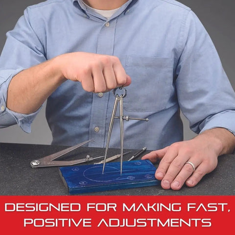 Person using Yankee Spring Type Dividers with Flat Legs and Solid Nut for precision marking on metalworking setup.