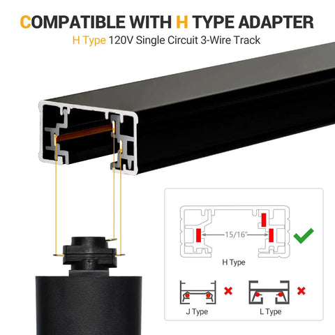 H Type adapter and track detail from 40Ft H Type Track Lighting Kit In Black With Floating Canopy Connector End Caps Live End Feed T Connector And L Connector For Single Circuit H Style Rails Perfect For Easy DIY Install And Modern Home Lighting