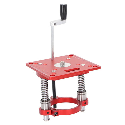 Router Table Lift System With Circle Clamping Fits 63.5–65mm Milling Machines, CNC Precision Processed Aluminum With Anodized Finish, Beefy Heavy Duty Woodworking Jig For DIY Projects, Home Shop Upgrades, And Accurate Milling Work. Red aluminum router lift with hand crank and clamp.