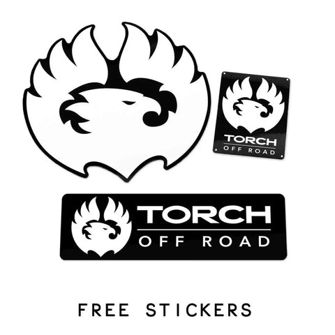 Multiple Torch Off Road logo stickers, including a large white cutout and two rectangular black stickers reading 'Torch Off Road'.