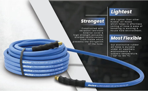 Lightweight Half Inch 100 Foot Rubber Air Hose With 300 PSI, Kink-Resistant, strong and flexible with blue exterior and text overlay