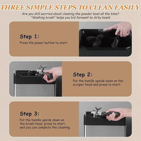 Slick Automatic Electric Espresso Knock Box For No Sweat Portafilter Cleaner And Efficient Coffee Grounds Cleanup instructional steps on cleaning.