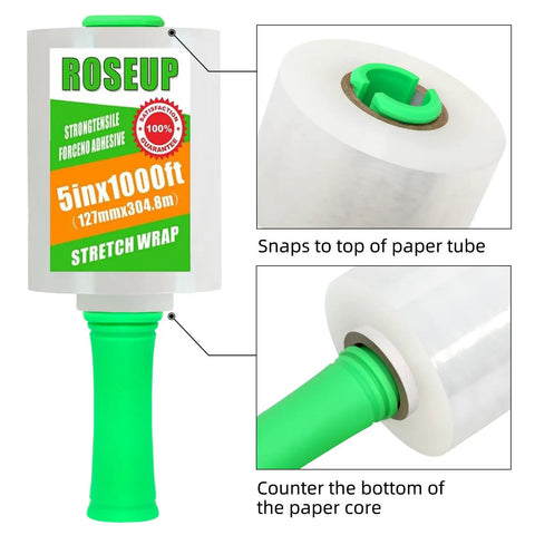 Heavy Duty Clear Stretch Wrap With Ergonomic Swivel Handles 5 Inch By 1000 Foot Rolls 80 Gauge Thick, featuring a green handle design.