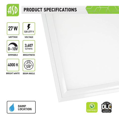2x2 LED Flat Panel Light Edge Lit Dimmable 27W 3607 Lumens 4000K Bright White Drop Ceiling Office Lighting Recessed Troffer UL DLC Certified 4 Pack Energy Efficient with specifications