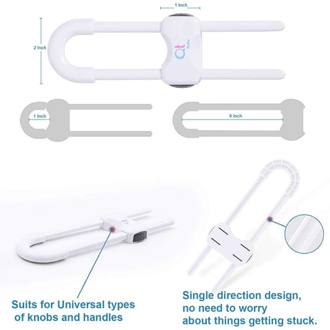 Diagram of Smart Easy Install Baby Proofing Cabinet Locks for Drawers Fridge and Closets showing measurements and features.