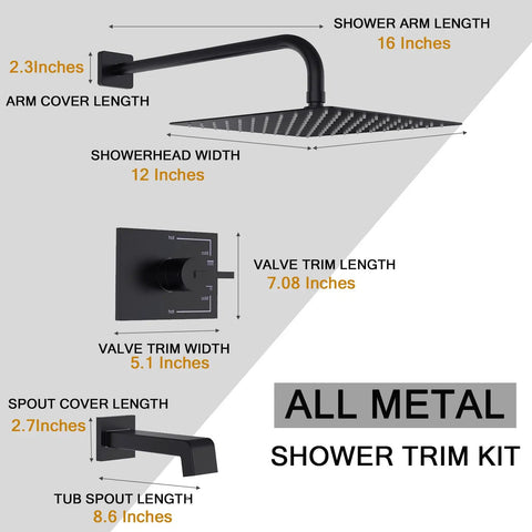 Diagram showing Dope Matte Black Shower Fixture Set With 12 Inch Shower Head Tub Spout And Single Handle Valve Included Easy Temperature Control