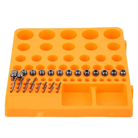FTVOGUE ER11 Collet Chuck And Pointed Knife Set For CNC Milling arranged on an orange storage mat, showcasing various sizes and types.