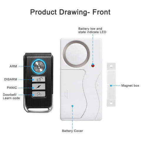 Front view drawing of wireless door and window alarm system with remote arm disarm panic and doorbell modes, 105 decibel.