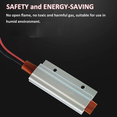 Front view of a rectangular aluminum-shell PTC heating element with red and black leads.
