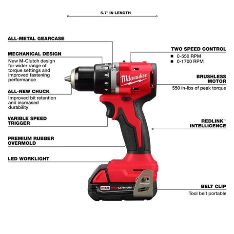 M18 Trade Compact Brushless Two Tool Combo Kit With Drill Driver And Impact Driver Includes Two RedLithium Batteries And Multi Voltage Charger For Pro Grade Power On The Go drill driver view