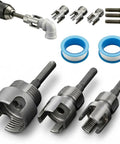 4 In 1 PVC Pipe Threader Kit For Drill Ready Internal And External Threading On 1/2, 3/4 And 1 Inch PVC Pipes With Included PTFE Tapes For No Fuss Quick DIY Home Plumbing Repairs, showing drill bits and PTFE tapes.