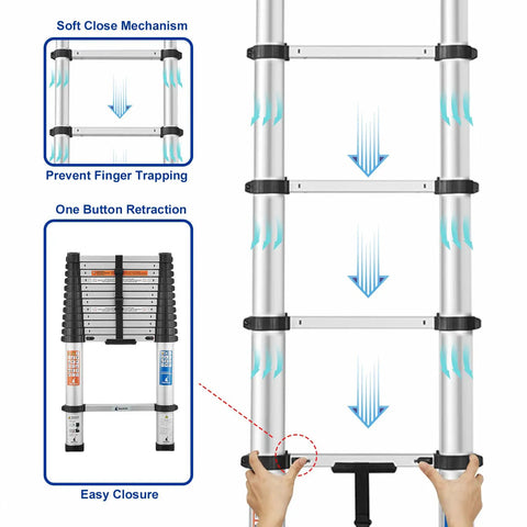 Extendable Aluminum Telescoping Ladder With One Button Retraction 12.5 Ft Portable Folding Ladder diagram showing features
