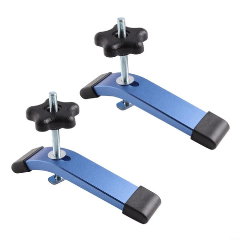 Rock Solid 2-Pack T-Slot Clamps With M8 Hold Down And Slide Tracks Plus Anodized Aluminum Lever Handle For Woodworking Jobs And CNC Milling Jig Fixing To Keep Your Projects On Point Without Bother, showcasing blue aluminum clamps with black knobs.