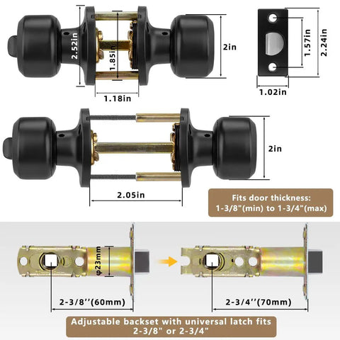 Dimensions diagram for 8 Pack Privacy Door Knobs Matte Black Keyless Interior Passage Lockset For Bedroom Bathroom Garage