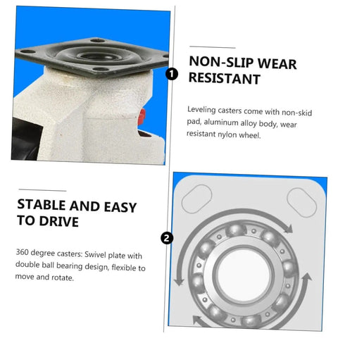 Heavy Duty Leveling Caster Wheels For Workbench And Garage Table Rig Up Adjustable Glides with swivel plate and nylon wheel.