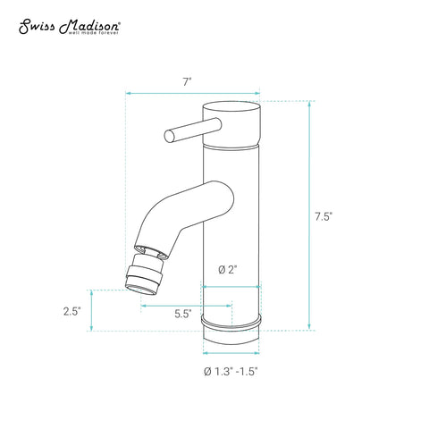 Technical drawing of Ivy Bidet Faucet Chrome Finish With Solid Brass Construction One Hole Installation 1.2 GPM Flow.