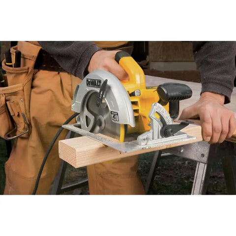 Lightweight 7-1/4 Inch Corded Circular Saw Featuring A Badass 15 Amp Motor With Snappy Electric Brake cutting through wood.