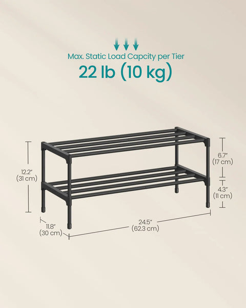 Heavy Duty Two Tier Stackable Metal Shoe Rack Organizer For Fresh Kicks And Comfy Loafers dimensions showing 11.8x24.5x12.2in black steel design.