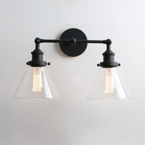 Two Light Industrial Wall Sconce In Antique Black With 7.3 Inch Cone Clear Glass Shade 180 Degree Adjustable E26 Base