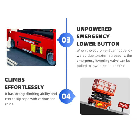 Beefed Up Heavy Duty Hydraulic Lift Platform With Extended Work Deck And Stable Vertical Elevation for construction projects showing emergency lower button and climbing ability