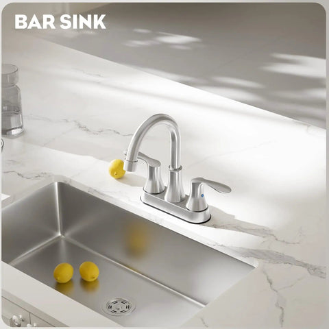 Commercial Bar Sink Faucet With 4 Inch Center Deck Mount, 2-Hole Brass Construction In Brushed Nickel, Dual Lever Handles