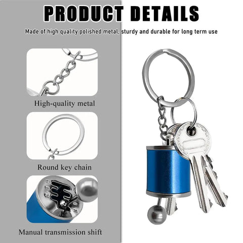 Hella Dope Two Pack Gearbox Keychain featuring six speed manual shifter shape in black and blue, showcasing keyring details.