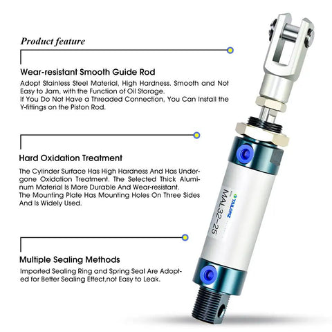 Pneumatic 32mm Bore Air Cylinder With 25mm Stroke Double Acting Aluminum Body Port Size One Eighth Inch Includes Y Connector And Two 8mm Fittings MAL32x25 Featuring Product Features