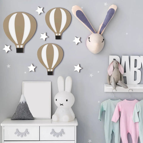 Nine Piece Boho Hot Air Balloon Nursery Wall Decor Kit With Wooden Signs And Star Shapes Comes With 100 Clear Adhesive Dots