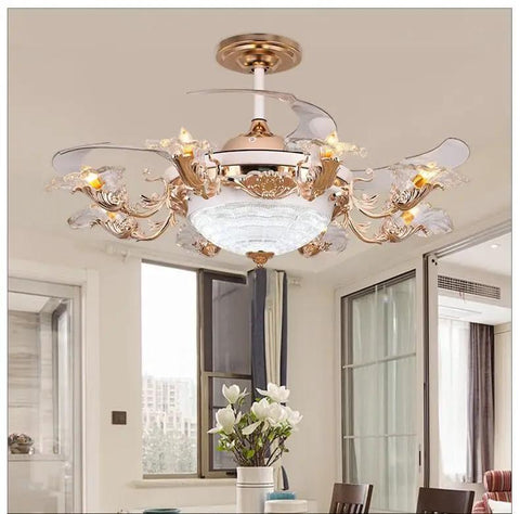 Luxury European Ceiling Fan Light With Remote Control And Invisible Blade Fan Chandelier In Trace Gold Finish Boasting 8 E27 Bulbs And 42 Inch Size For Epic Vibe in a modern dining room.