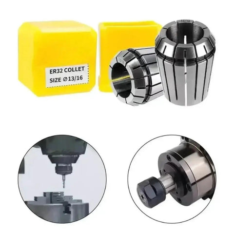 Premium Spring Collet Chuck Set For CNC Engraving, Lathe And Milling Machines With Er20 Er25 Er32 tool holding clamps, ER32 collets with yellow protectors.