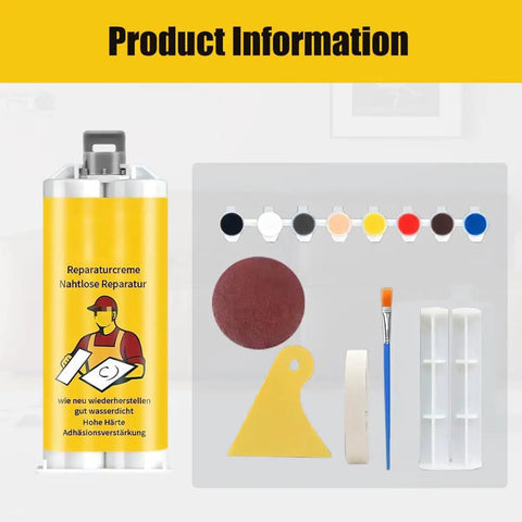 Fast Drying Tile Repair Glue Kit For Cracks And Chips On Tile Stone Porcelain Countertops And Bathtubs DIY Friendly With 8 Pigment Blend To Match Surfaces Strong Bond That Stands Up To Heavy Foot Traffic Complete 3 Piece Kit showing pigments, glue, brush, and tools.