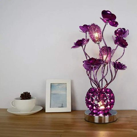 Vase Table Lamp With Modern Decor, Aluminum Flower Lights, G4 LED Bulbs 3x5W, 3000K Warm Glow, Brushed Chrome Base, Purple Finish