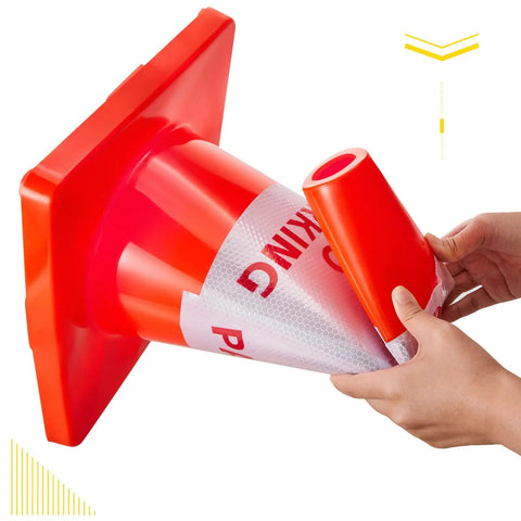 Hands adjusting a PVC orange traffic cone with 360 reflective collar. Product: Six Pack 18 Inch No Parking Reflective Traffic Cones.