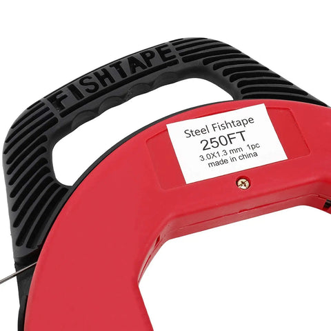 Close-up of 250 Ft Electrician Fish Tape Reel with label showing steel fishtape specifications, featuring ergonomic handle.