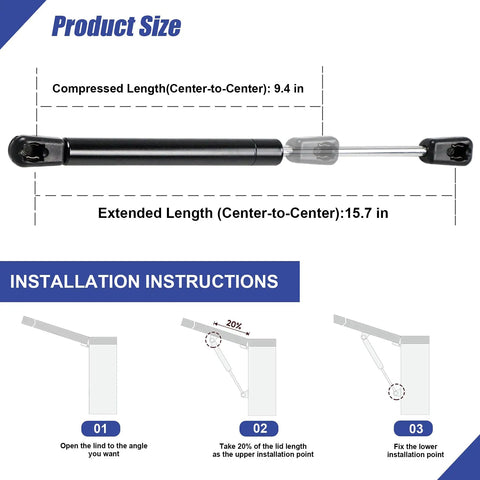 Diagram showing 16 Inch 28 Lb Gas Spring Shocks Struts Lift Support for Camper Shell Truck Topper with installation steps.