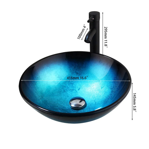Blue Glass Vessel Bathroom Sink Set With Round Countertop Basin, Black Mixer Faucet And Pop Up Drain, Dope Modern Durable Vessel Sink Kit For Easy Install In Home Bathrooms