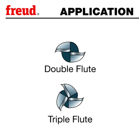 Double and Triple Flute application designs for Half Inch Chipbreaker Upcut Spiral Bit with half inch shank three inch overall length.
