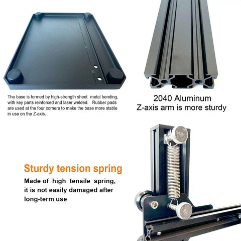 3D printer parts showcasing black aluminum base, tension spring, and Z-axis arm with text describing sturdiness