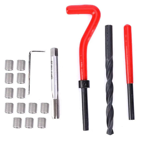 Top Shelf 20 Piece Stainless Steel Thread Repair Kit For Broken Threads Includes Tap Tool And Inserts For M8x1 Fastener Fixing High Strength Wear Resistant Sleeve Restoration Made Right, M8x1 inserts, tap, drill, wrench on white background