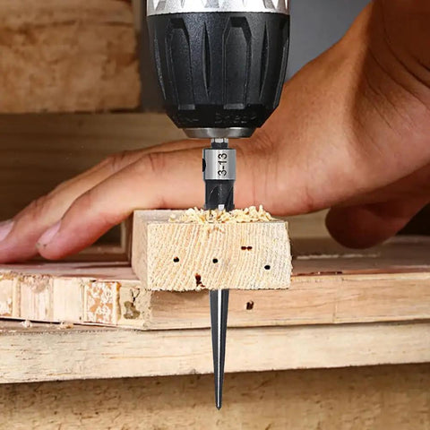 Using Two Pack Guitar Bridge Pin Reamer Set With T Handle for precise pin holes in wood, close-up on reamer in action