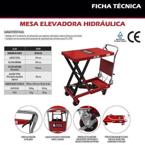 Heavy Duty Hydraulic Lifting Table Delivers Rock Solid 500 Kg Support With Smooth 90 Cm Platform Effortless Height Adjustments Built Like A Tank Red Steel Workshop Staple features detailed specifications and numeric data.