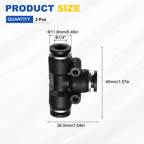 Two Pack 3 Way Push To Connect Tee Fittings 1/4 Inch Tube OD Plastic Pneumatic Quick Connect For Air Lines Black Durable