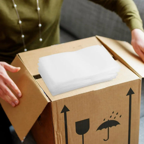 200 Pcs Foam Wrap Pouches For Shipping And Packing, Cushioned EPE Foam Bags on a cardboard box for mailing parcels and dish protection