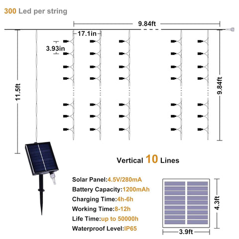 Solar Curtain Lights 300 LED Fairy String Lights With USB and Solar Dual Power technical details and dimensions diagram